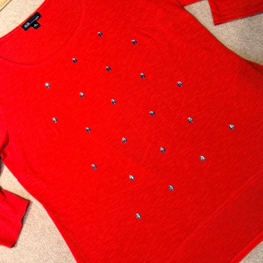 AGB Woman Red Embellished Top 1X 3/4 Sleeve Rhinestone Teardrop Gem Blouse